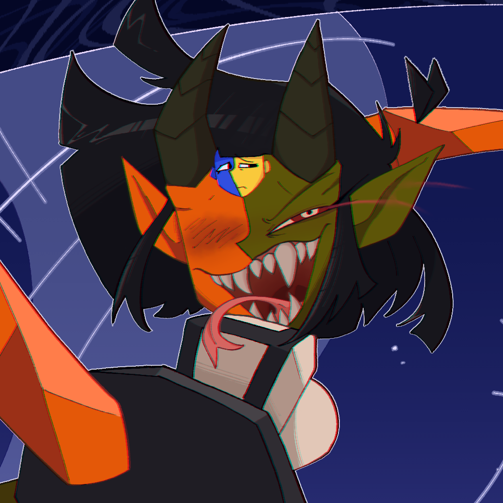 Demon ENA with a big grin, looking to the side of the camera